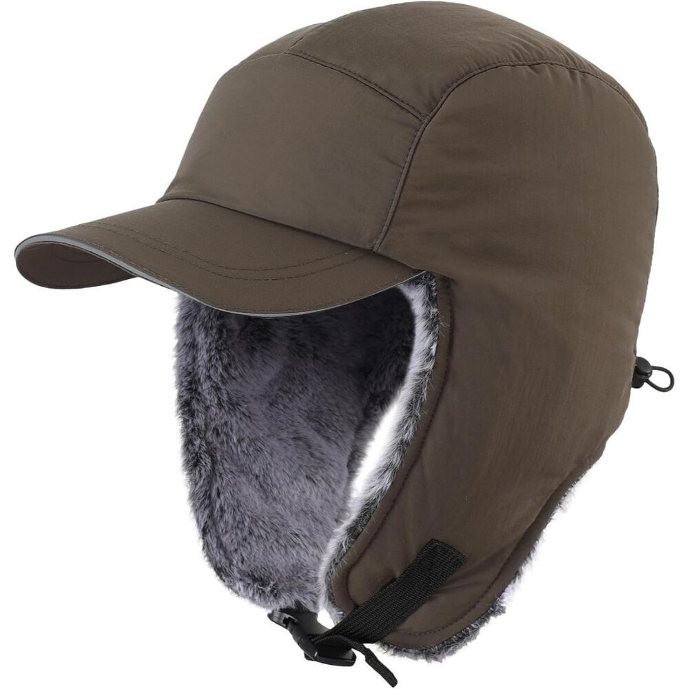 Men Army Green Winter Trapper Hat Faux Fur Earflaps with Reflective Brim